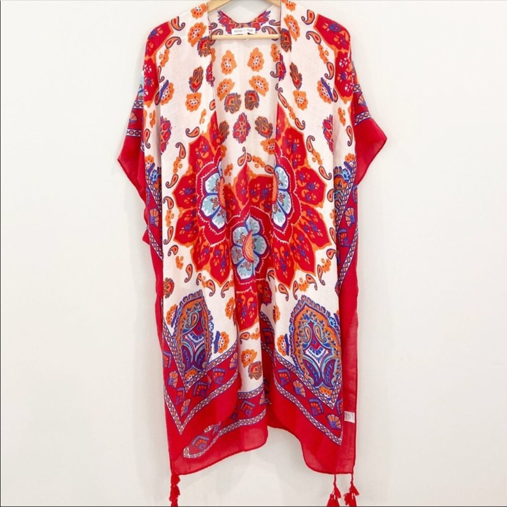 Woven Heart Red & Cream Mandala Print Kimono